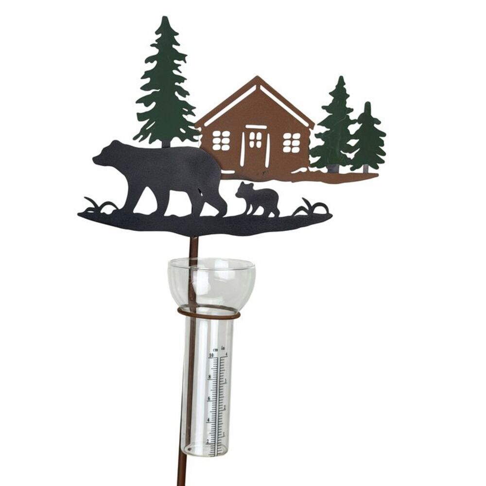 Rustic Bear Cabin Rain Gauge Garden Stake 46.5 Inch Metal and Glass
